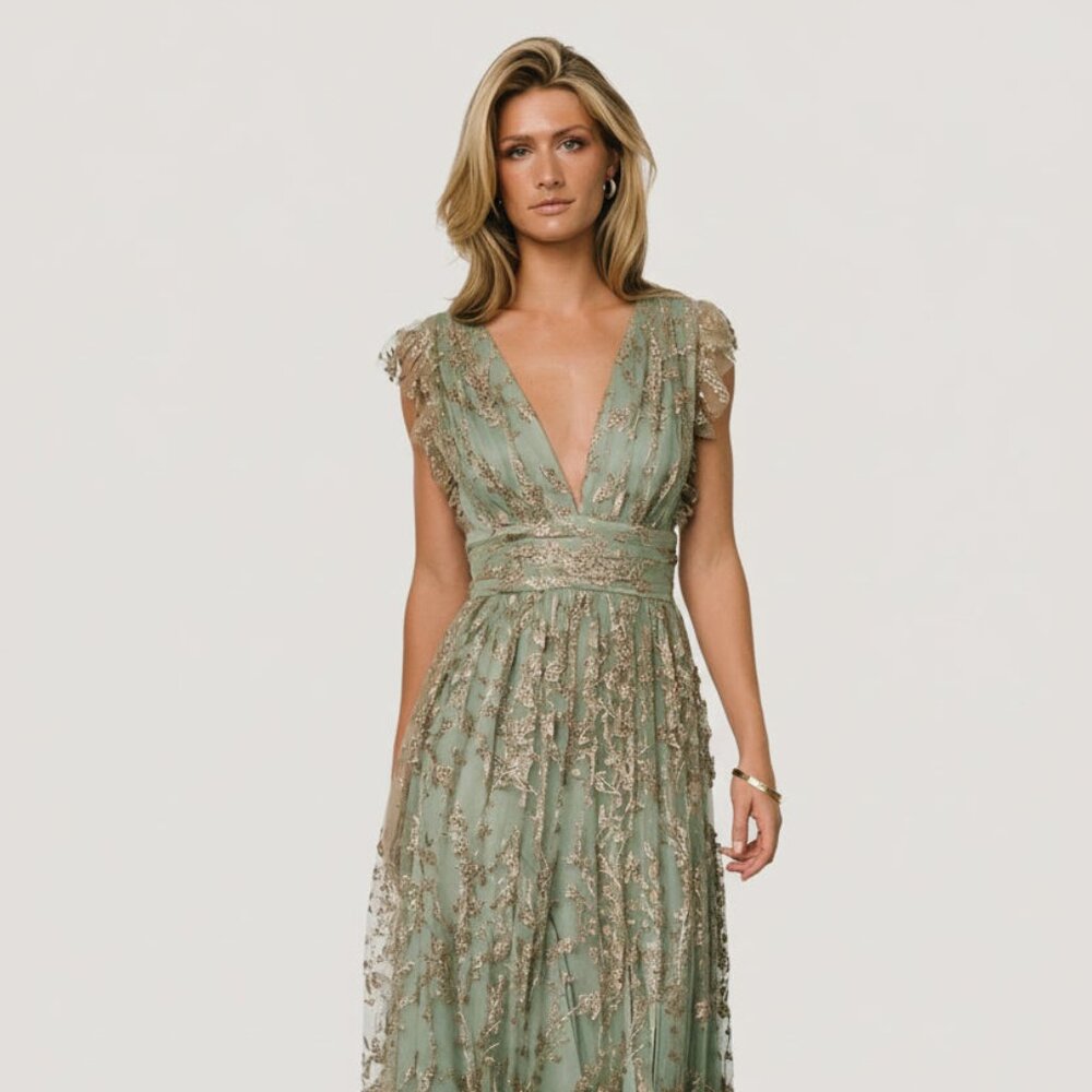 Baltic Born Arlene Shimmer Gown | Sage + Gold Size SS